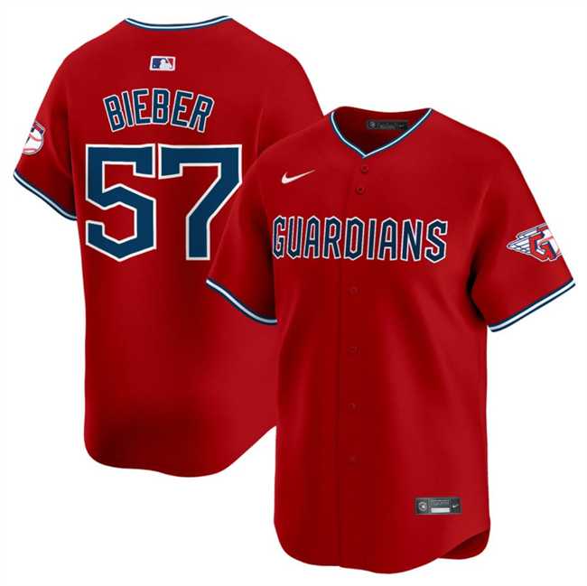 Mens Cleveland Guardians #57 Shane Bieber Red Alternate Limited Stitched Jersey Dzhi